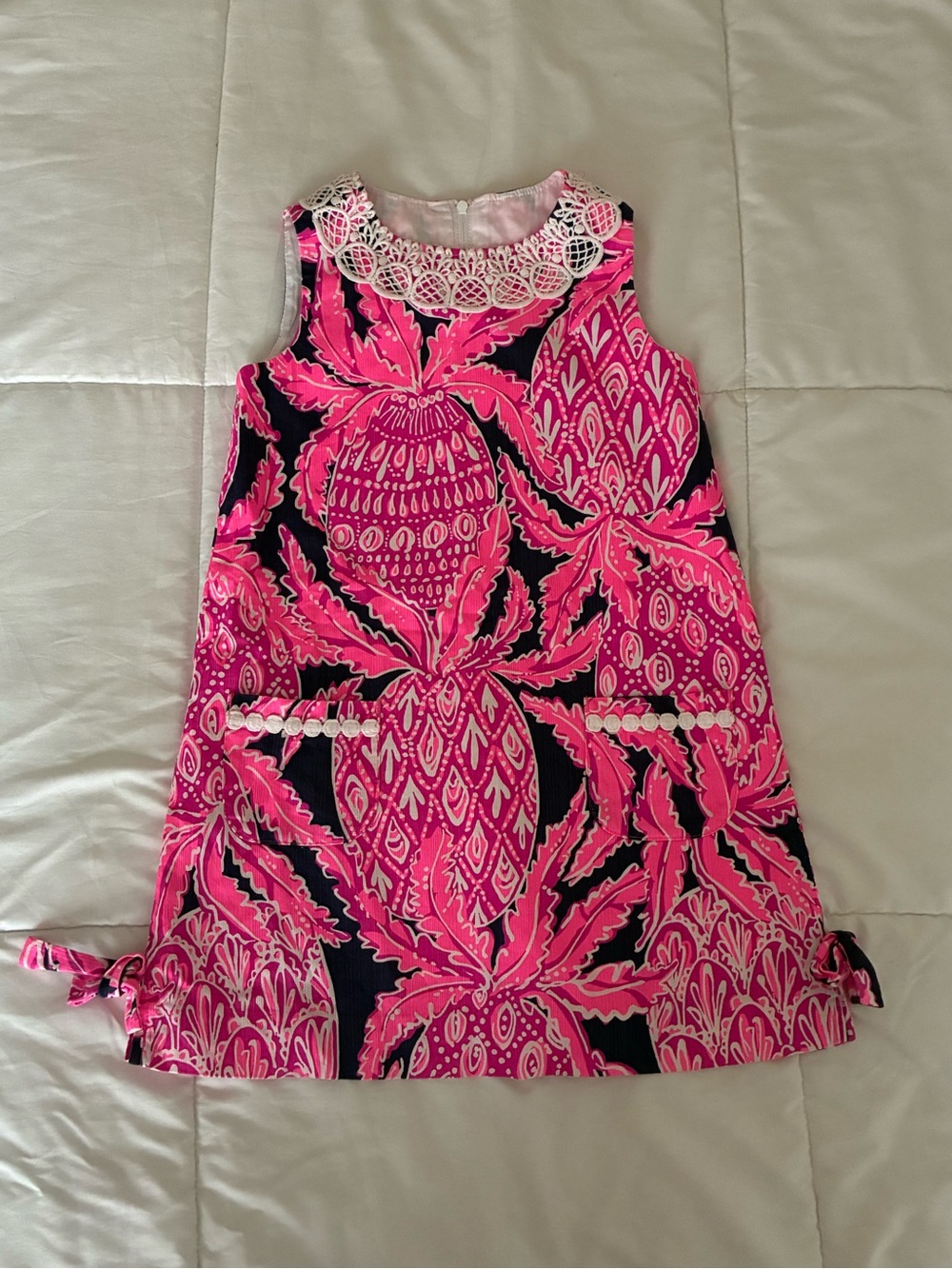 Lilly Pulitzer Pink and Navy Floral Shift Dress with White Lace Trim